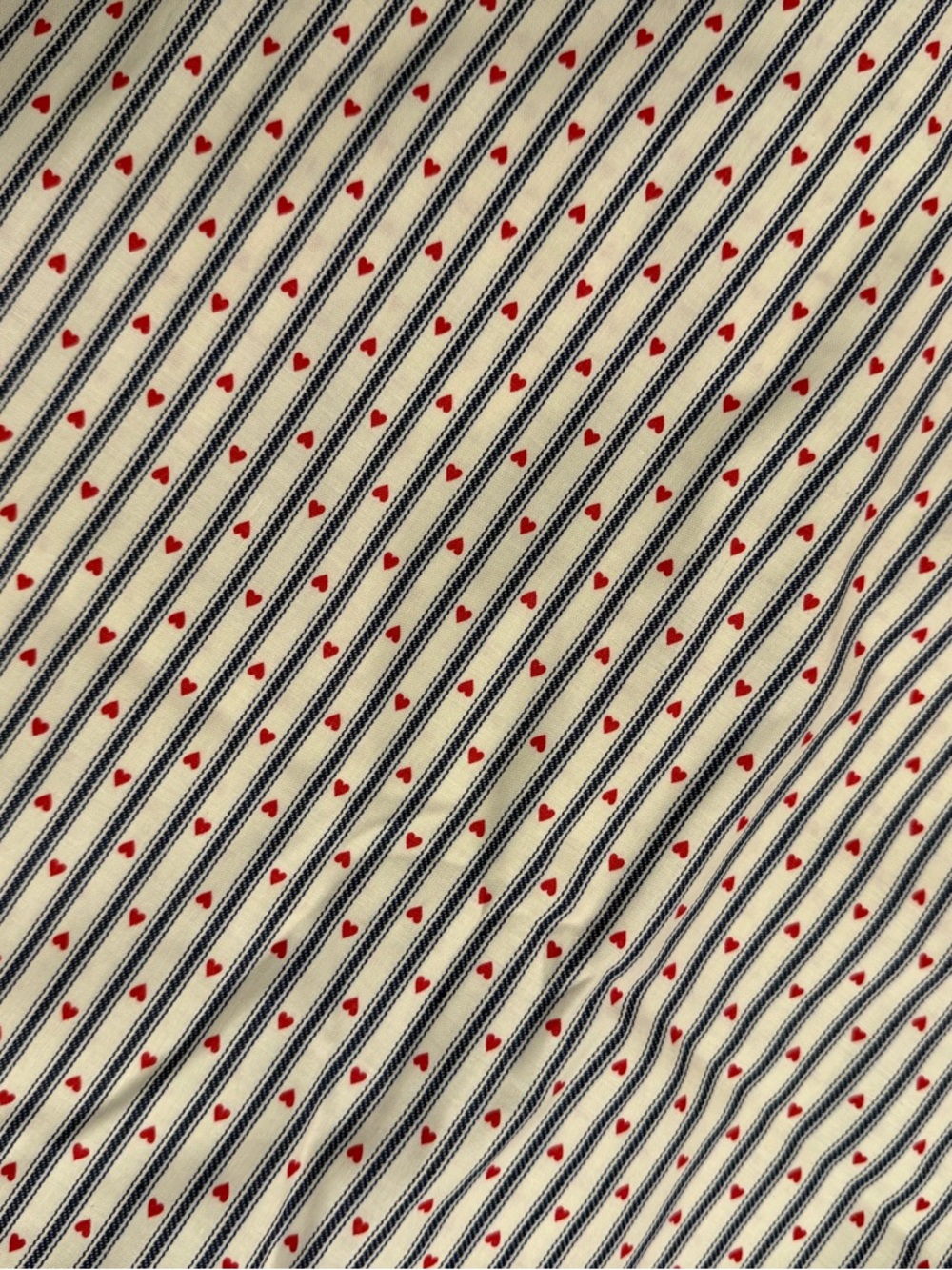 Vintage Blue Striped Fabric with Red Hearts Vintage Cotton Fabric